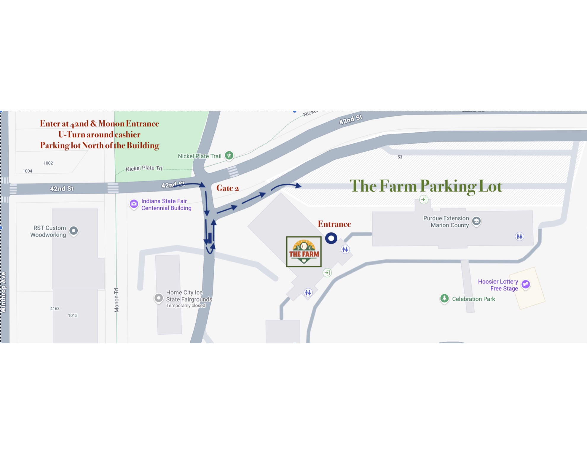 Parking map · Enter at 42nd & Monon Entrance, U-turn around cashier, park north of the building. The Farm entrance is at Gate 2.