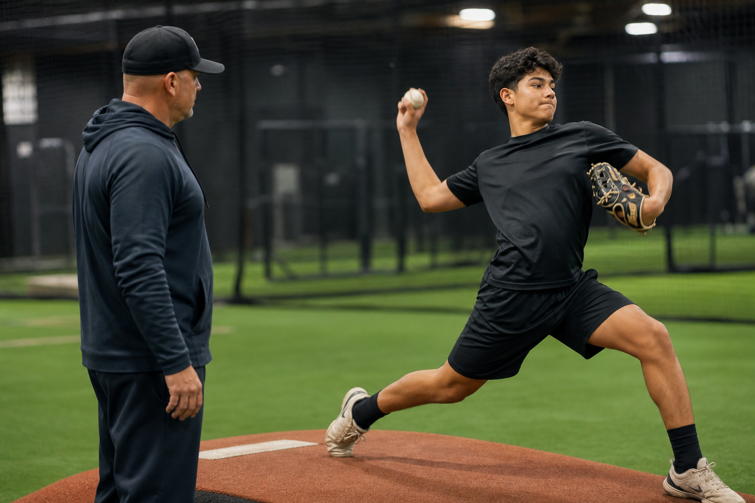 Pitcher mid-delivery at The Farm